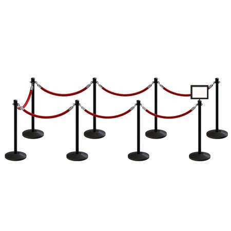 MONTOUR LINE Stanchion Post and Rope Kit Black, 8CrownTop 7RedRope 8.5x11H Sign C-Kit-7-BK-CN-1-Tapped-1-8511-H-7-ER-RD-PS